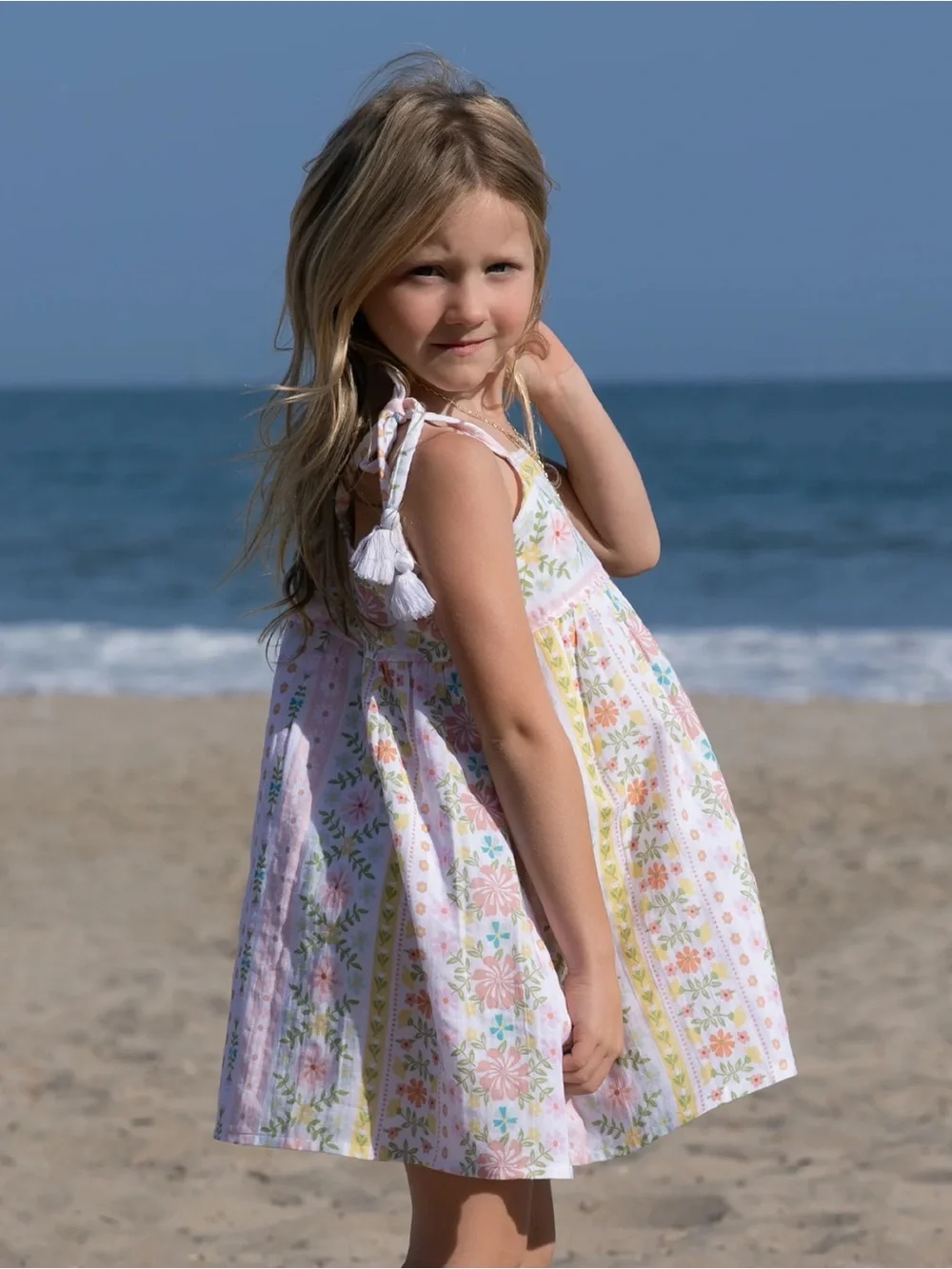 NWOT Four Seeds Girls' Floral Tassel Dress Organic Cotton Dress Flowy Girly Size